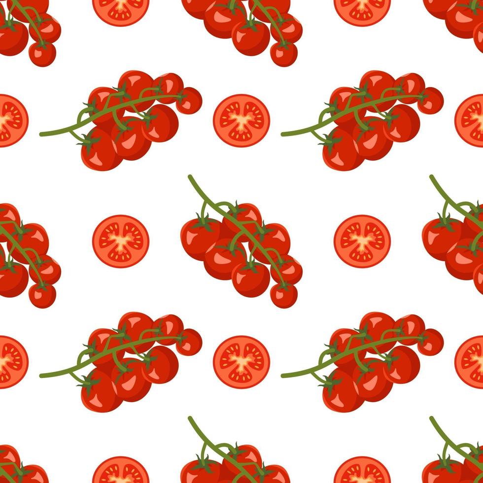 Seamless pattern with tomatoes on a branch and slices vector