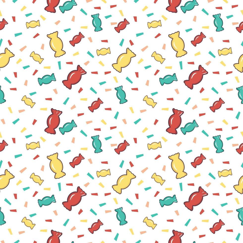 Bright seamless pattern with sweets and confetti pieces of paper. vector