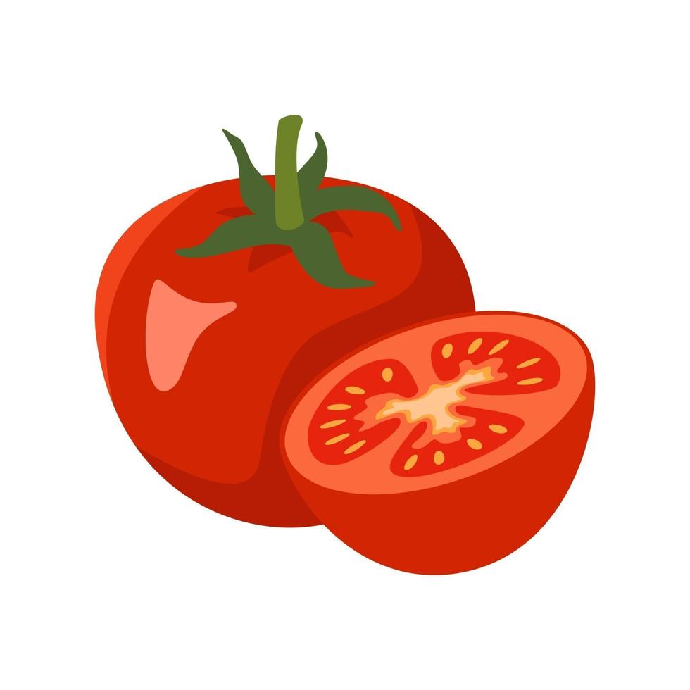 icono de tomate entero y medio. vegetal rojo, cosecha para pasta de tomate vector