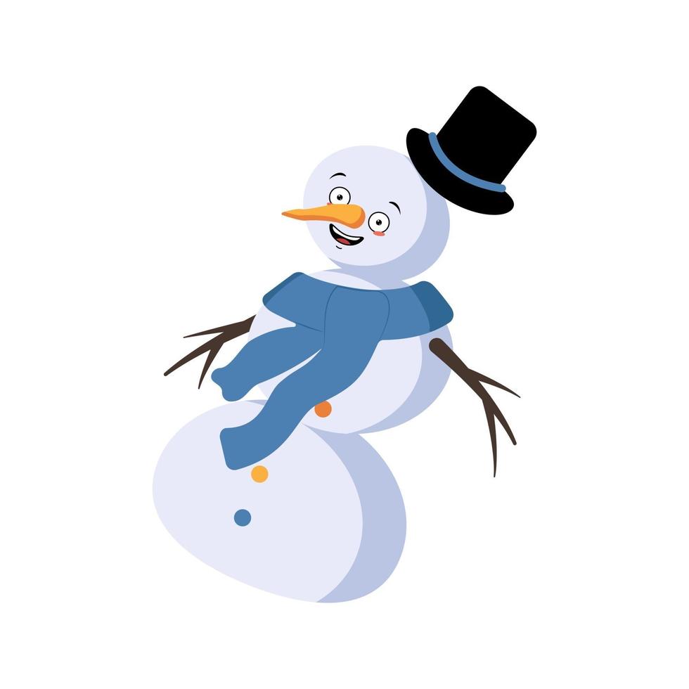 lindo muñeco de nieve navideño con emociones alegres, cara sonriente, bailando vector