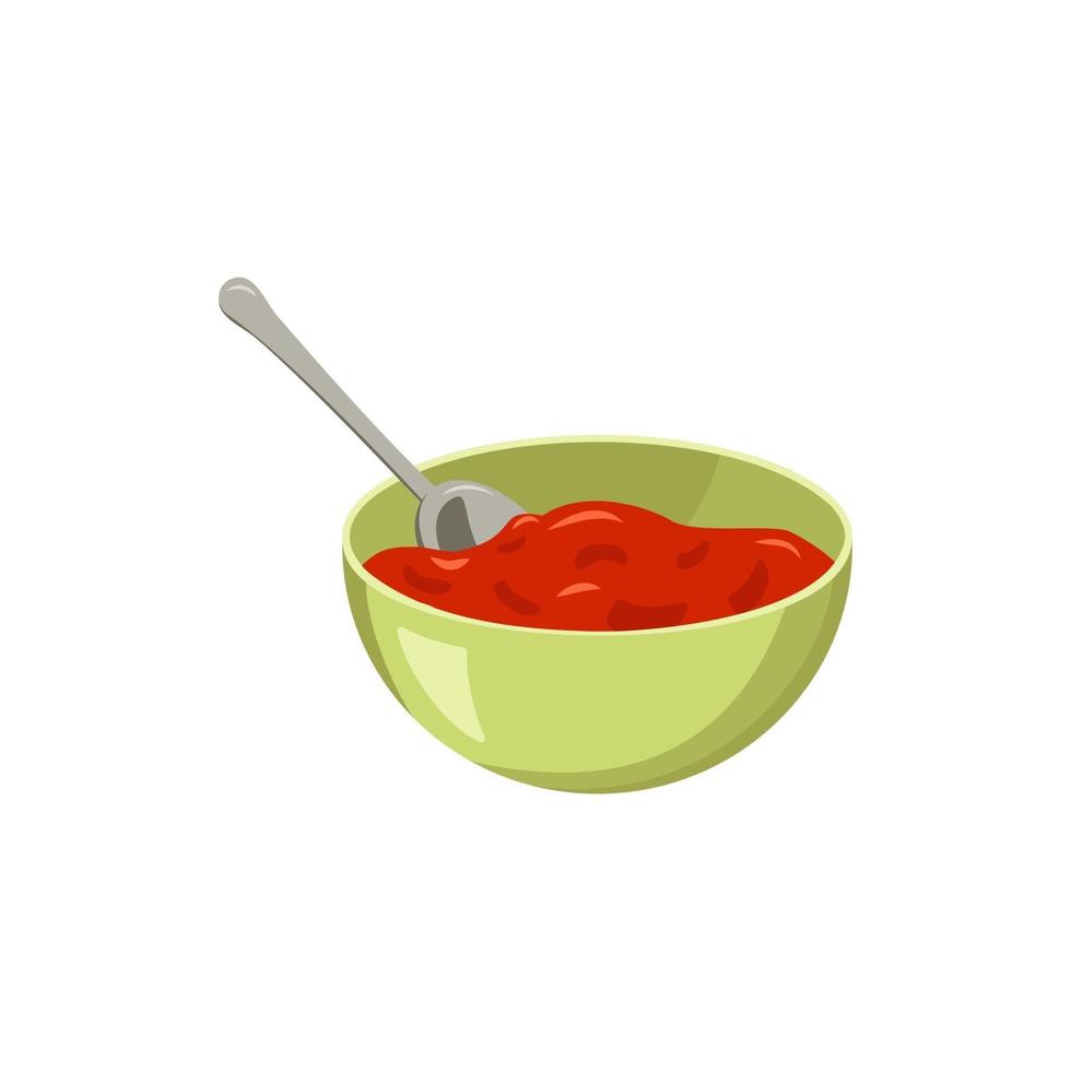 Red tomato paste in a bowl with a spoon. Sauce or seasoning for food vector