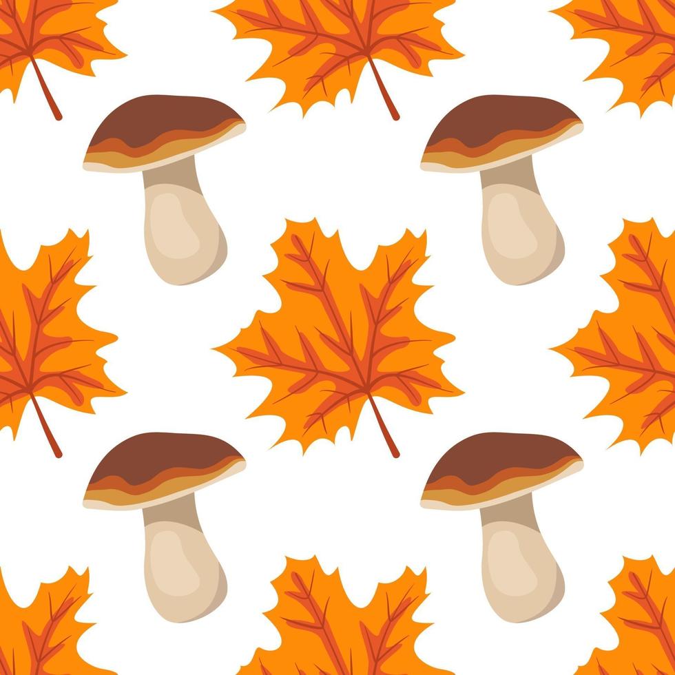 Seamless pattern with mushrooms and orange maple leaves vector