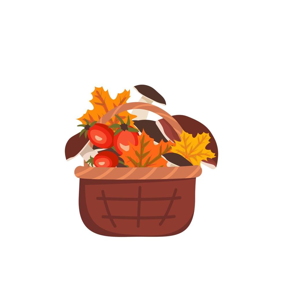 Autumn basket with mushrooms, maple leaves and rose hips vector