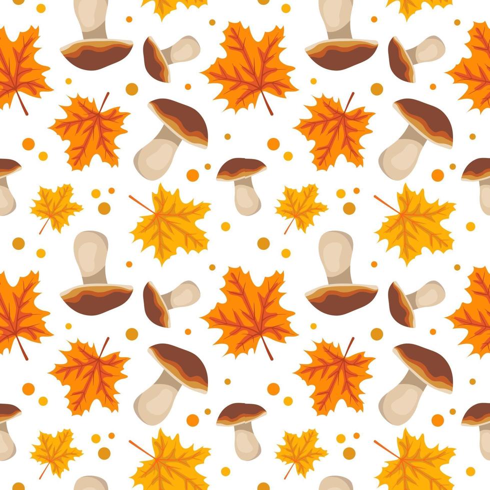 Seamless pattern with mushrooms and orange maple leaves. vector