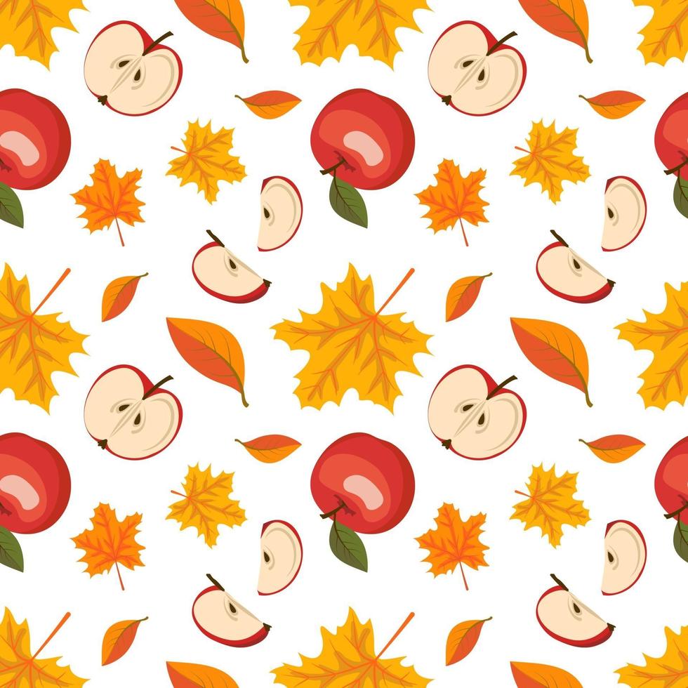 Autumn seamless pattern with maple leaves and red apples vector