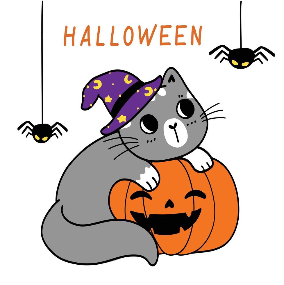 lindo disfraz de gato gatito feliz halloween, truco o trato con araña, vector