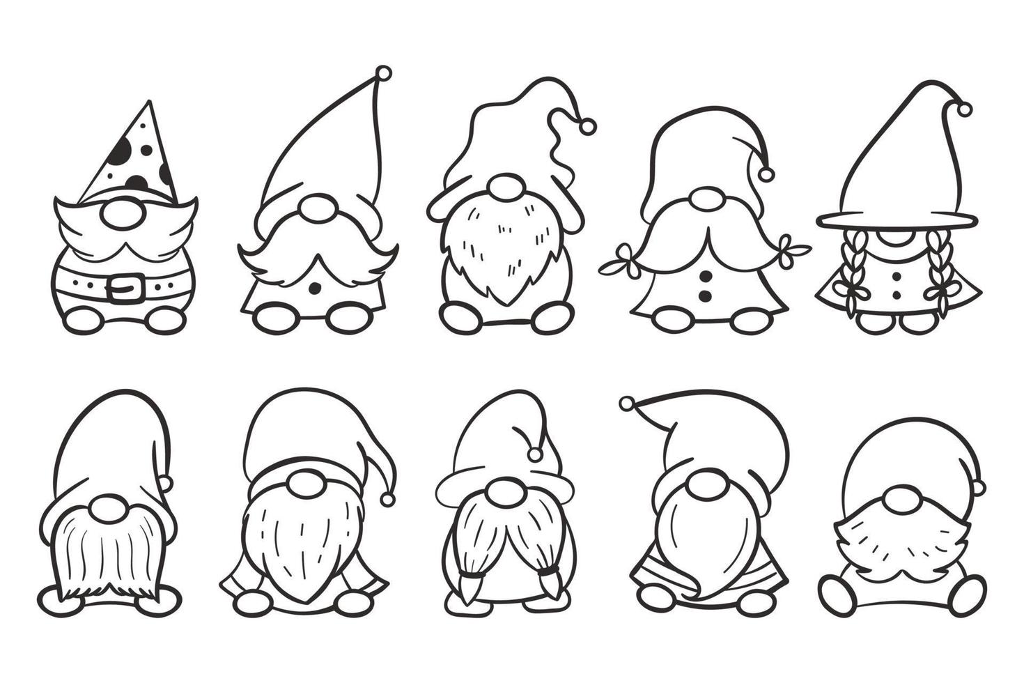 Line art Christmas gnomes design for coloring book. vector