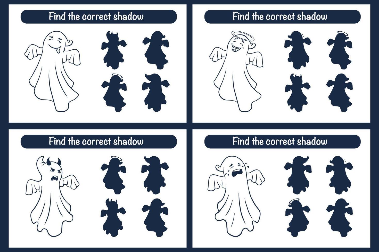 Encuentra el juego educativo correcto de sombras de fantasmas para niños. vector