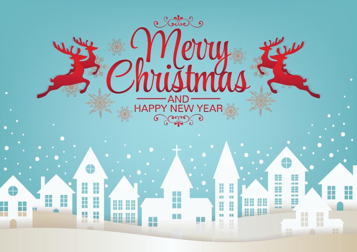 merry christmast reindeer above big town art vector