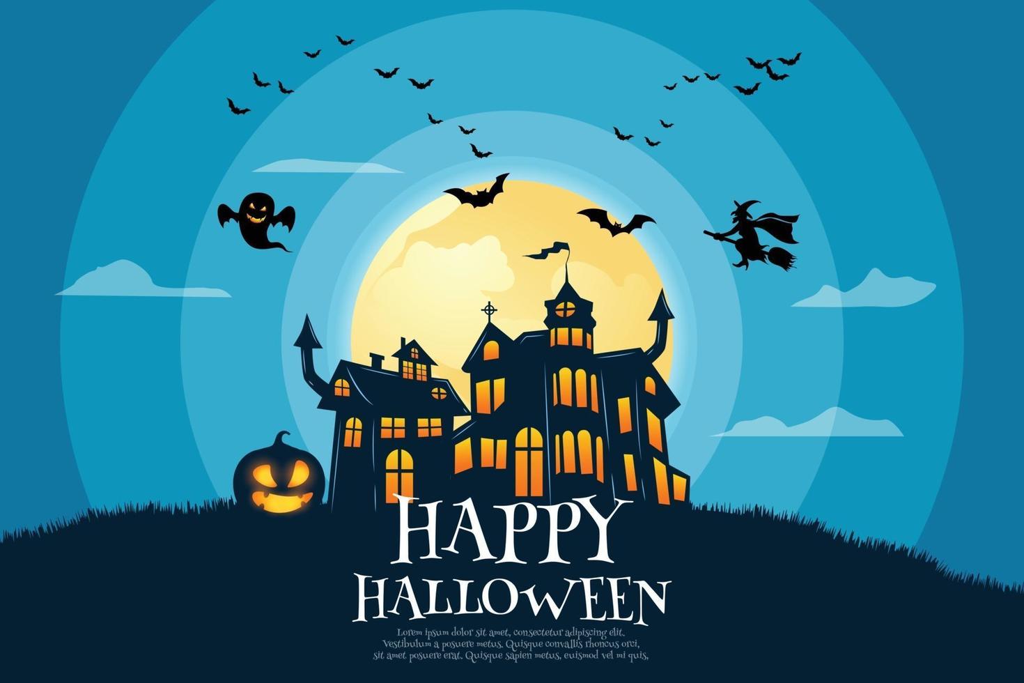 Haunted Castle with hordes of bats witches and ghosts on full moon. vector