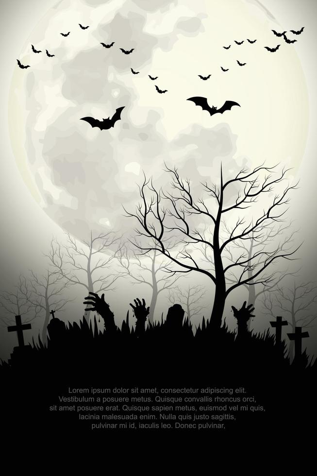 manos de zombies que se levantan en el bosque oscuro de la noche de halloween espeluznante. vector