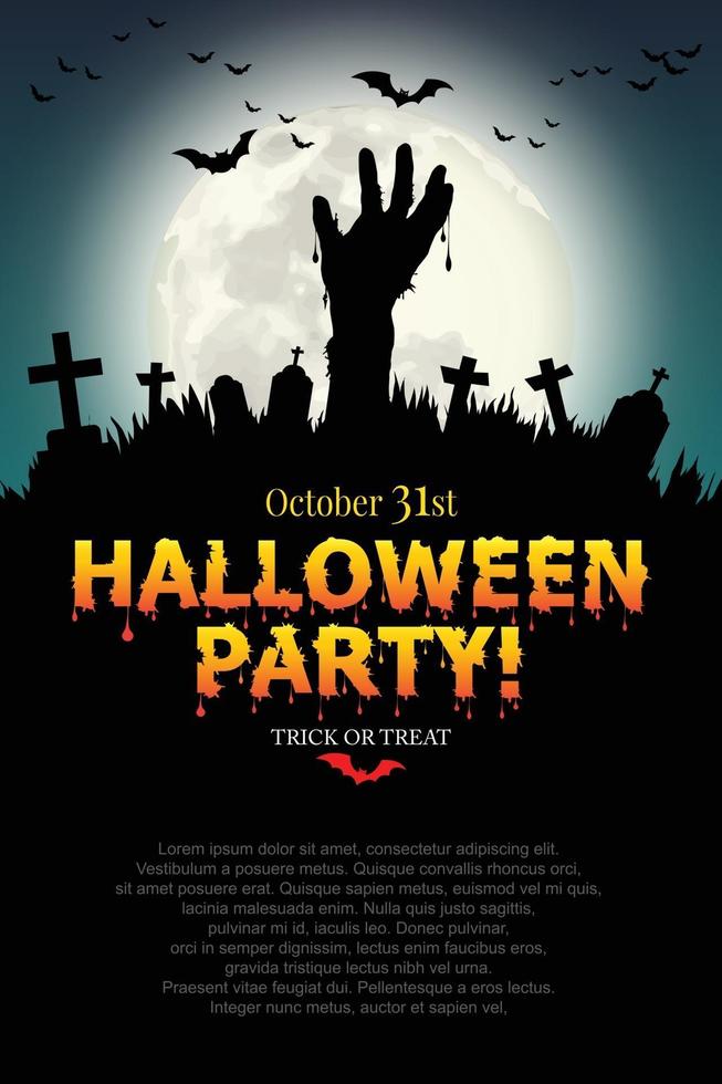 Zombie hands rising in dark Halloween night. Vector illustrator