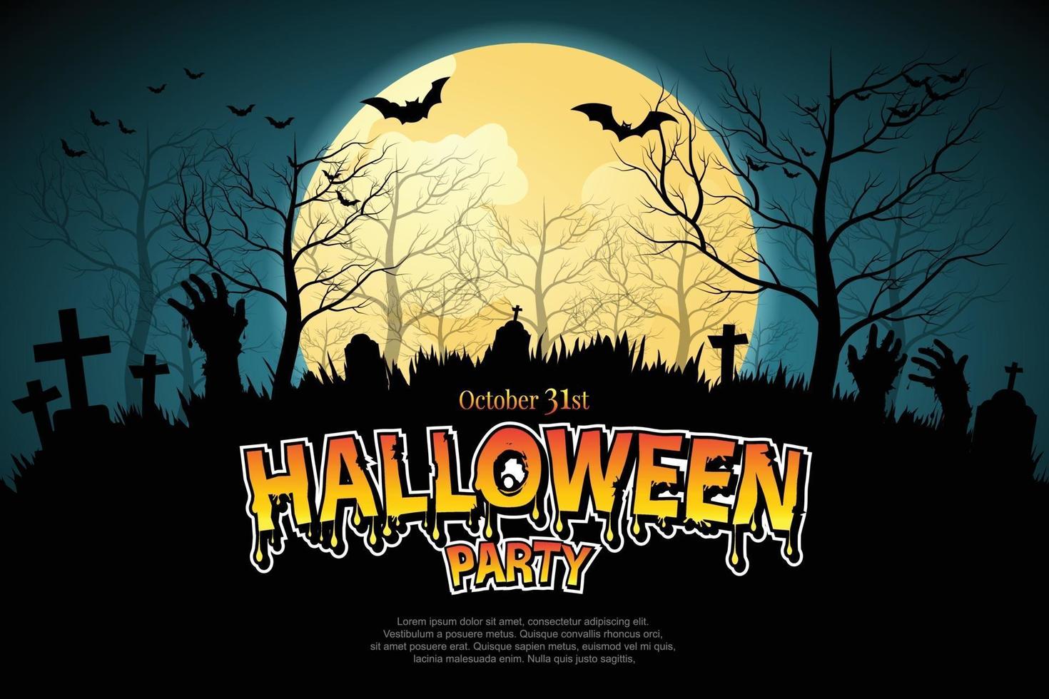 Halloween background. Spooky forest with full moon and grave. vector