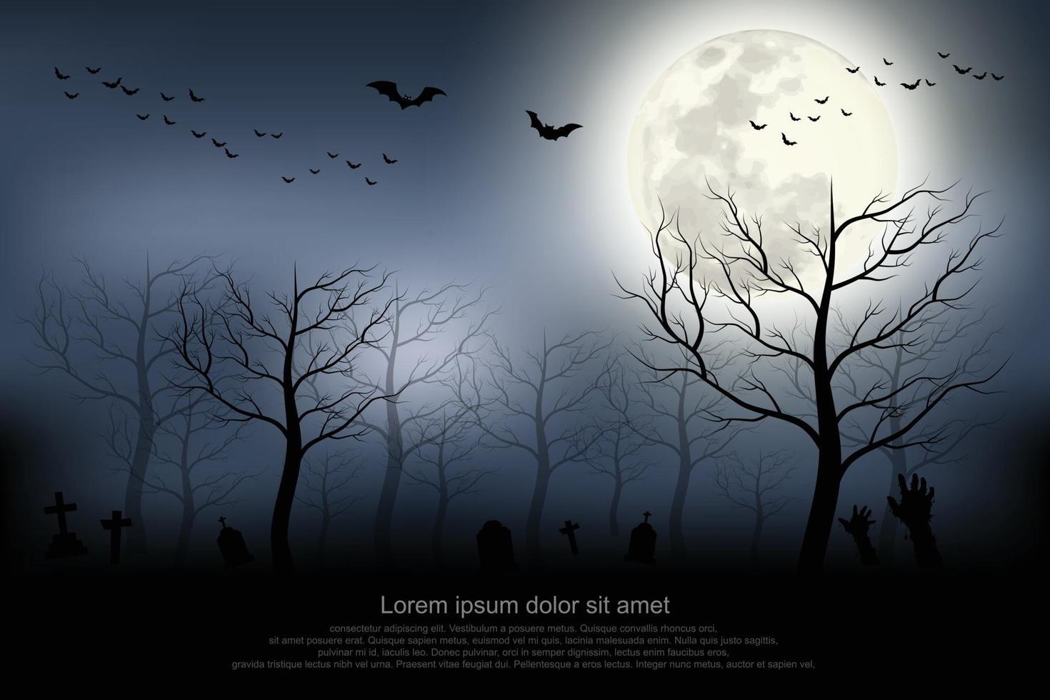 Halloween background. Spooky forest with full moon and grave. vector