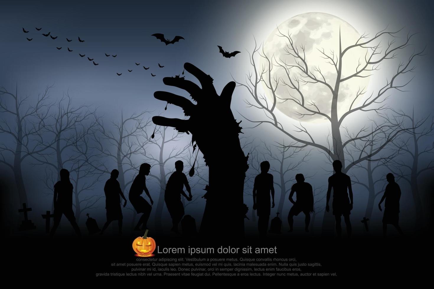 manos fantasmas y los zombies en la noche de luna llena. ilustrador vector