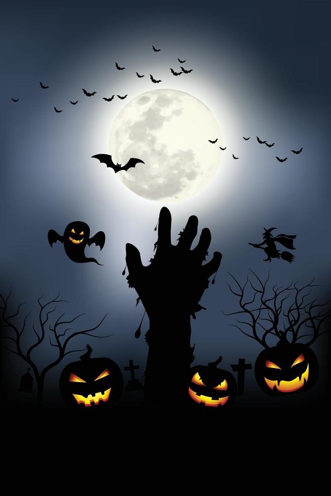 Zombie hands rising in dark Halloween night. Vector illustrator