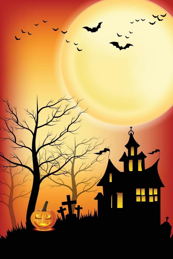 Castle, haunted house and ghost hands, tomb on full moon night. vector