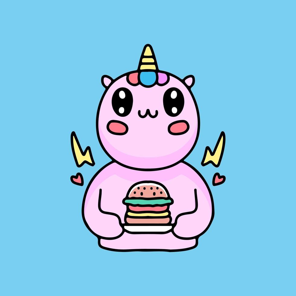 cute unicorn with burger mascot cartoon, illustration for stickers. vector