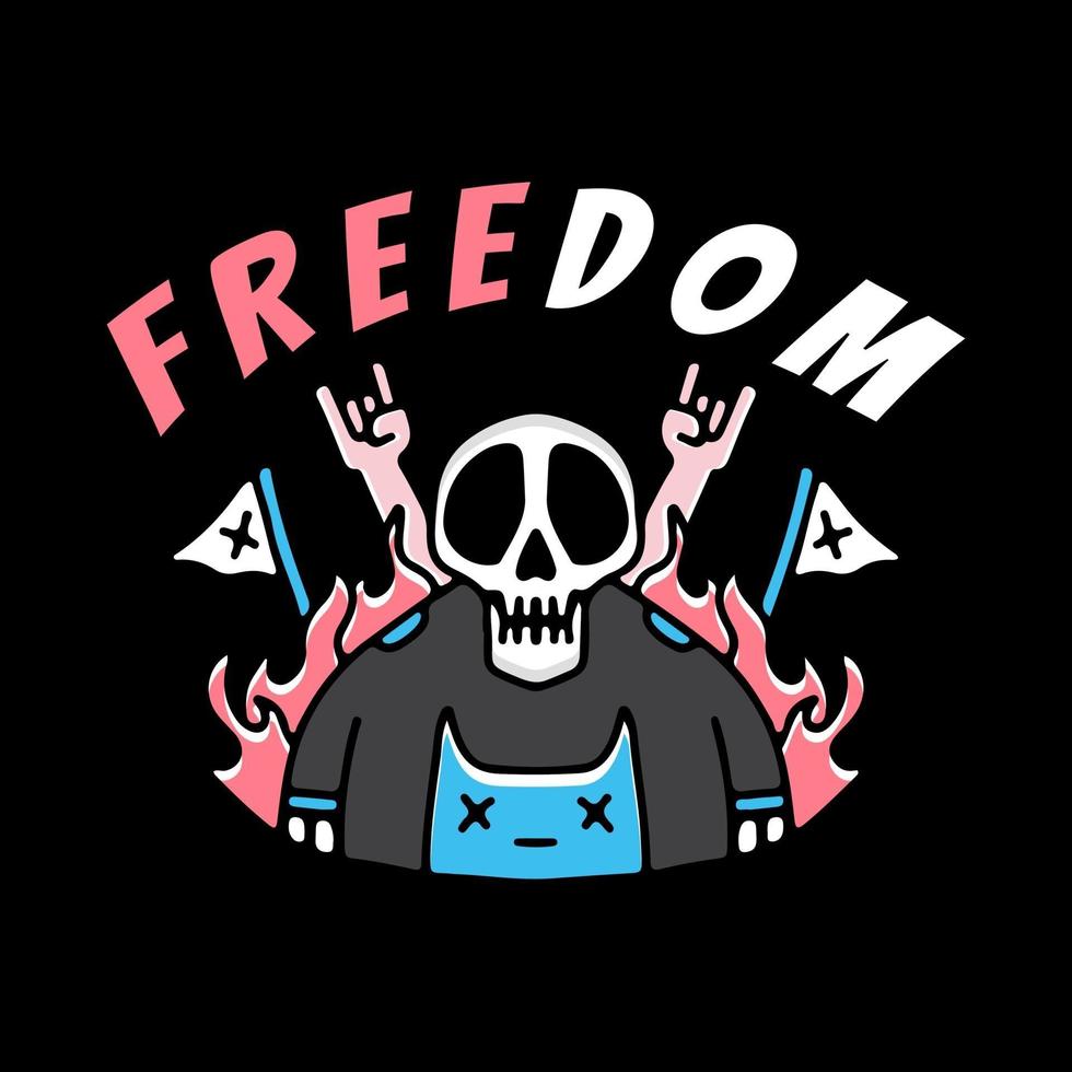 Skeleton and cat freedom illustration. Vector graphics for t-shirt.