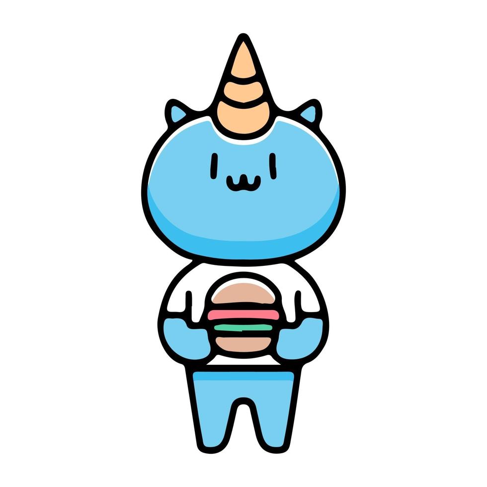 cat unicorn holding burger, cartoon illustration for stickers vector