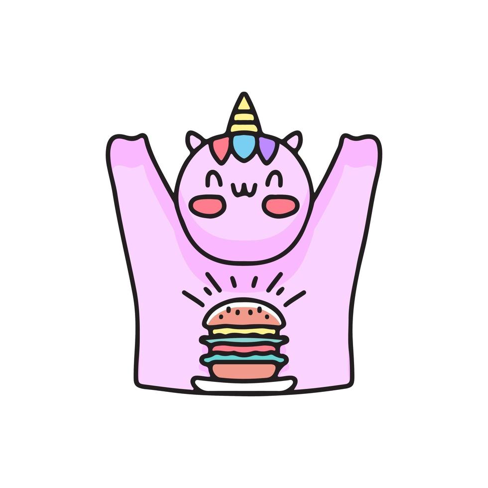 Unicornio feliz con dibujos animados de hamburguesa, ilustración para pegatina. vector