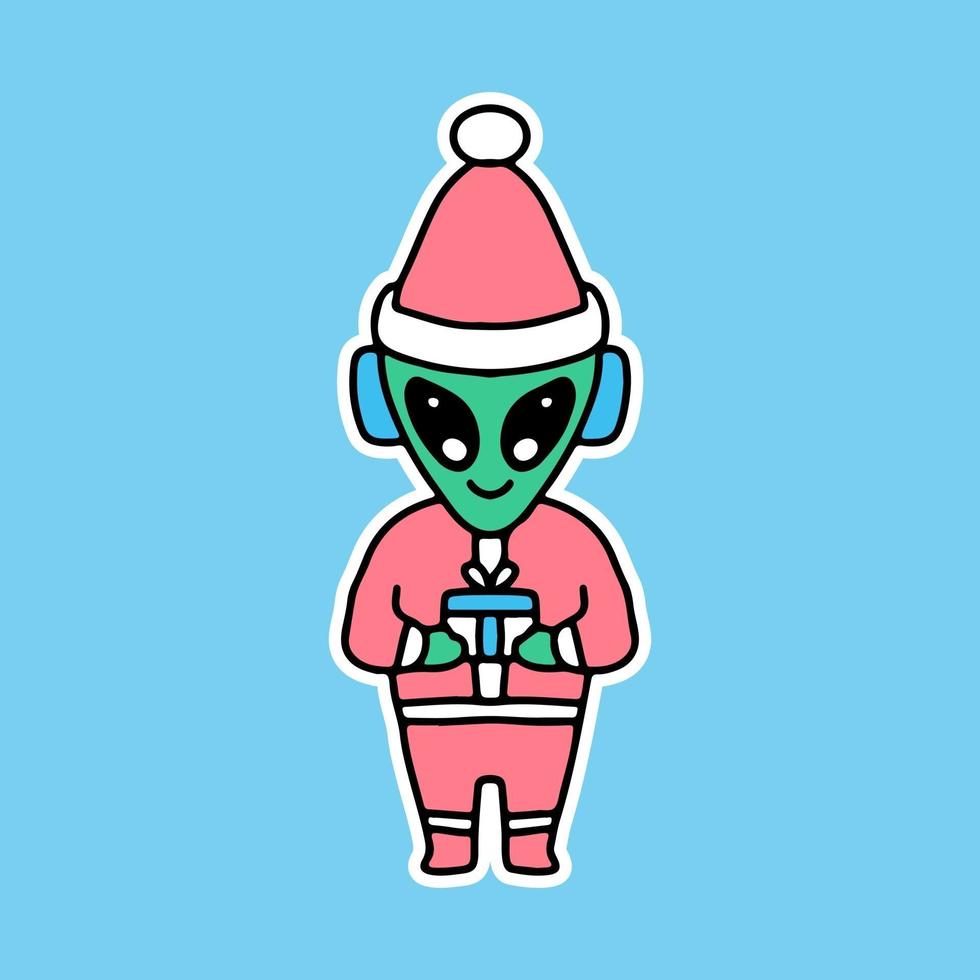 cute alien with Santa costume holding gift, cartoon for stickers vector