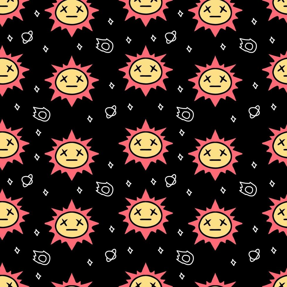 funny seamless pattern of sun doodle. space background. vector