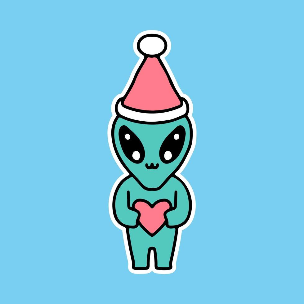 pequeño alienígena con gorro de Papá Noel con corazón, dibujos animados, para pegatinas vector