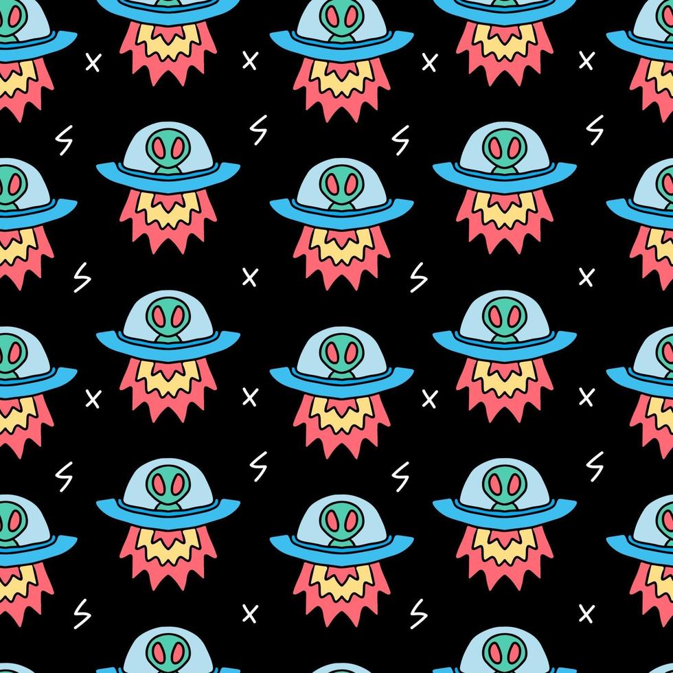 funny seamless pattern of alien with spaceship on space. vector