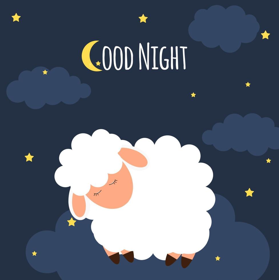 Cute little sheep on the night sky. Good night. vector illustration