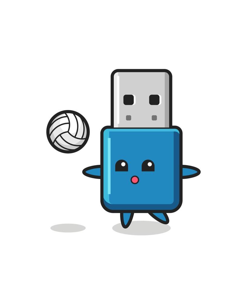 personaje de dibujos animados de la unidad flash usb está jugando voleibol vector