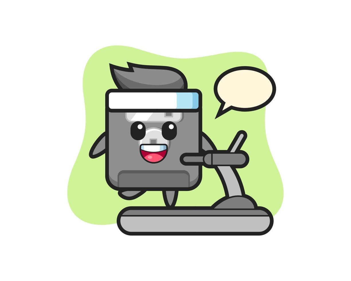 floppy disk cartoon character walking on the treadmill vector