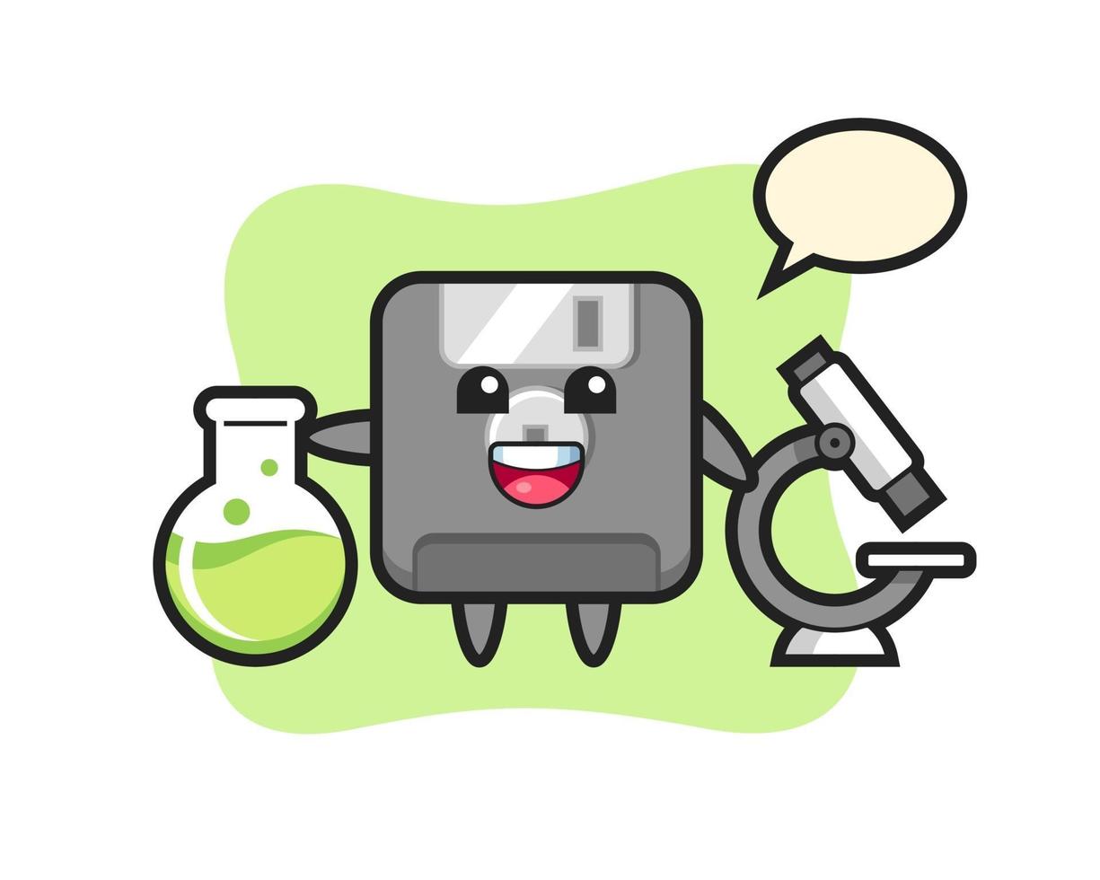 Personaje de mascota del disquete como científico. vector