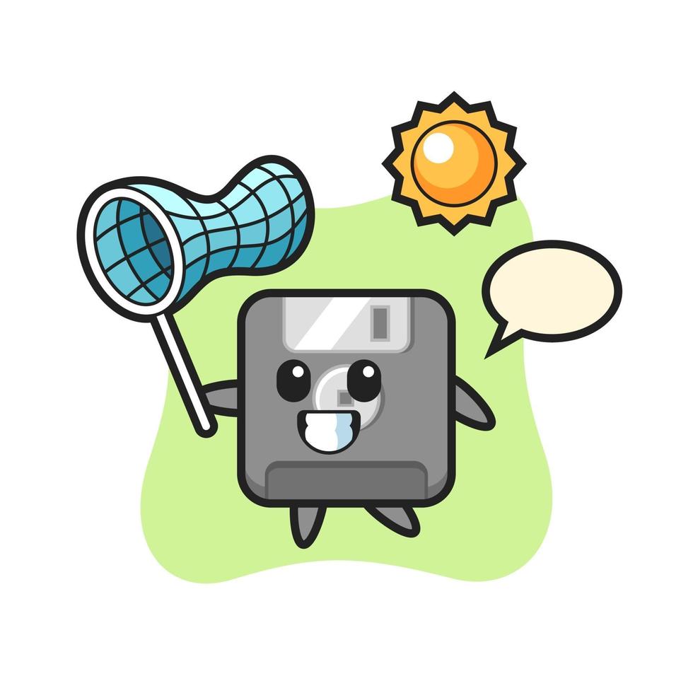 floppy disk mascot illustration is catching butterfly vector