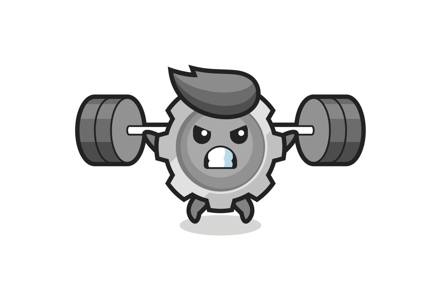 gear mascot cartoon with a barbell vector