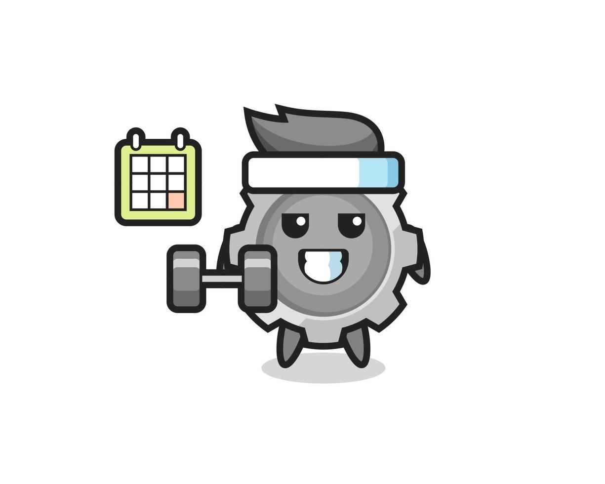 gear mascot cartoon doing fitness with dumbbell vector