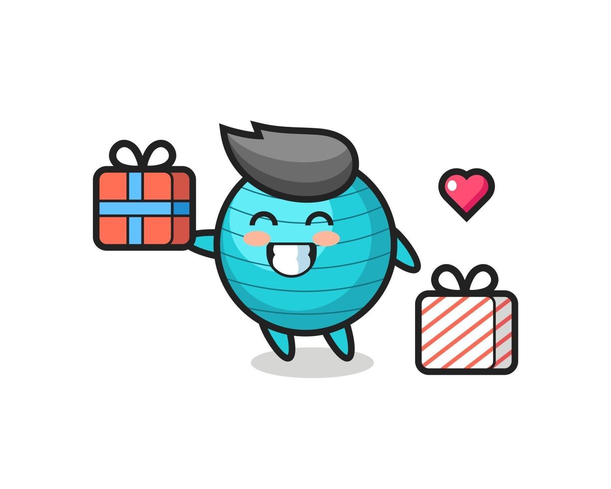 dibujos animados de la mascota de la bola de ejercicio dando el regalo vector