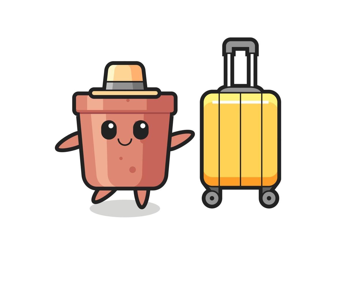 flowerpot cartoon illustration with luggage on vacation vector