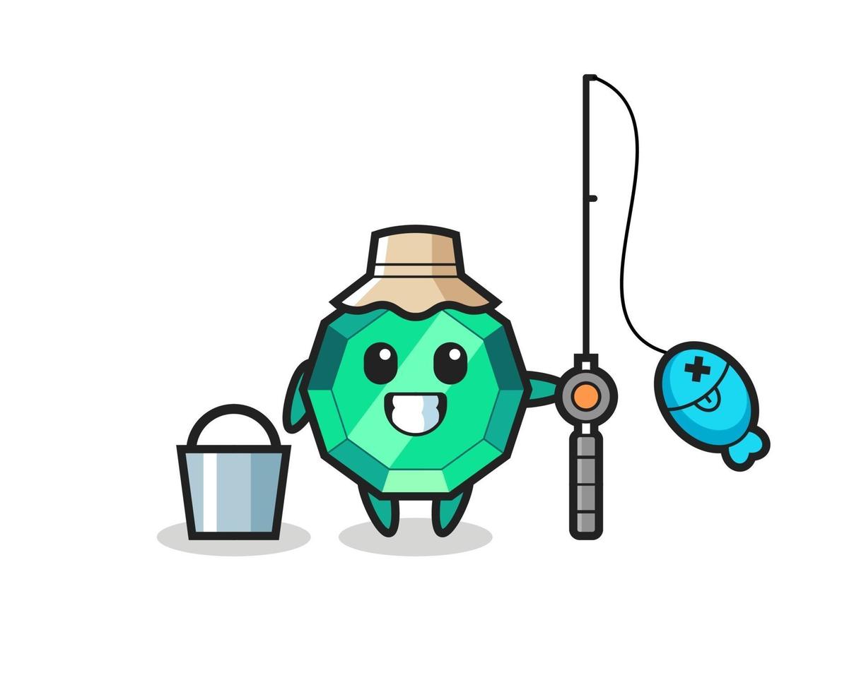 Mascot character of emerald gemstone as a fisherman vector