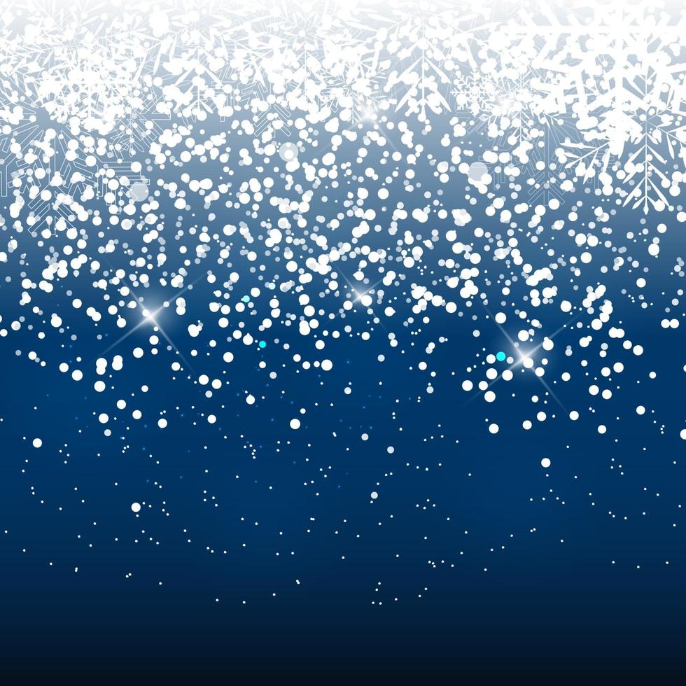 Falling Shining Snowflakes and Snow on Blue Background. Christmas, vector