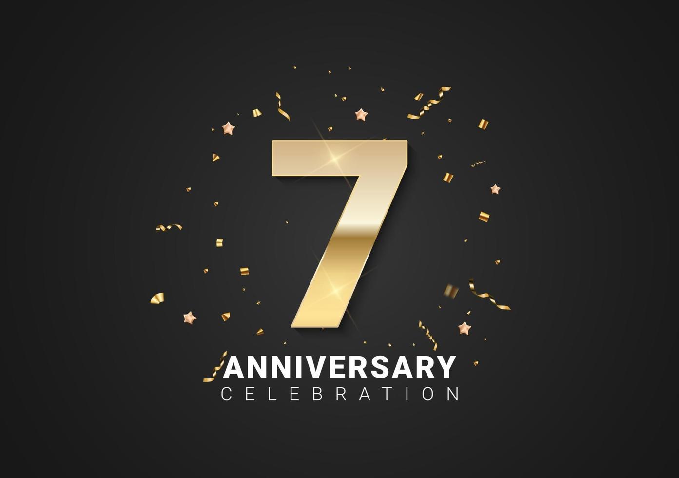 7 anniversary background with golden numbers, confetti, stars vector
