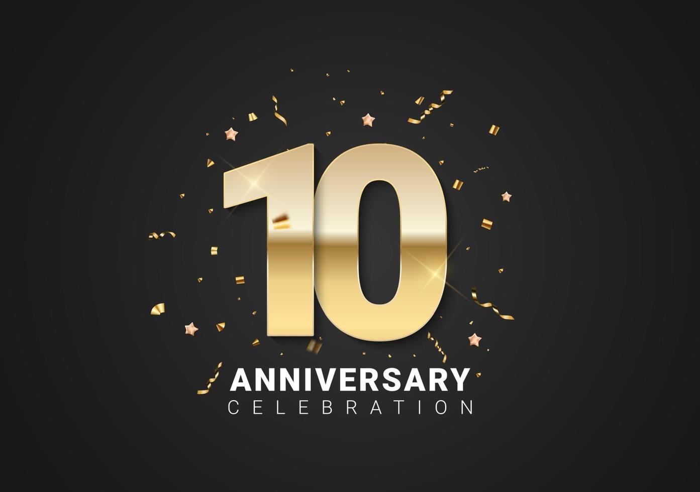 10 anniversary background with golden numbers, confetti, stars vector