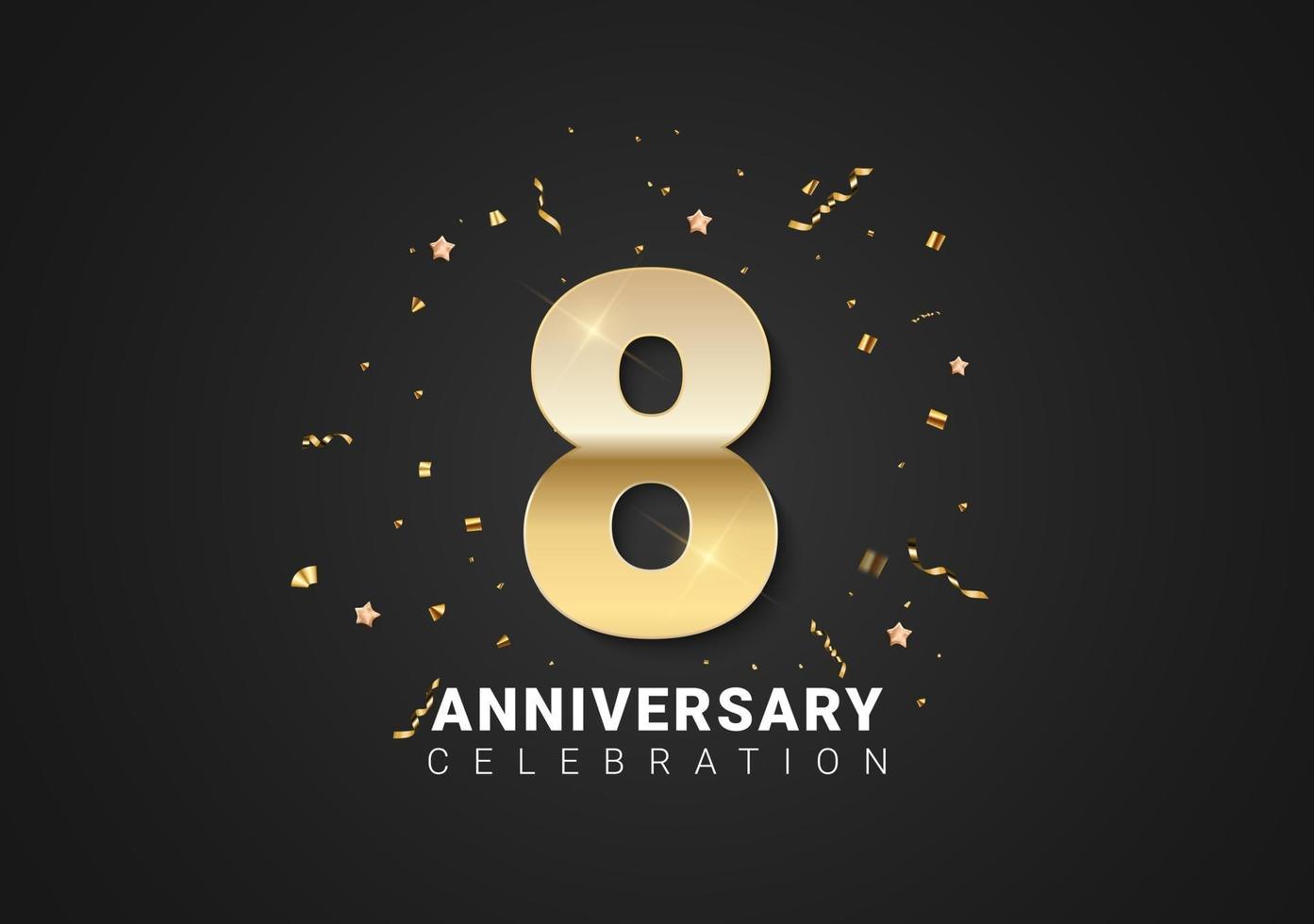 8 anniversary background with golden numbers, confetti, stars vector