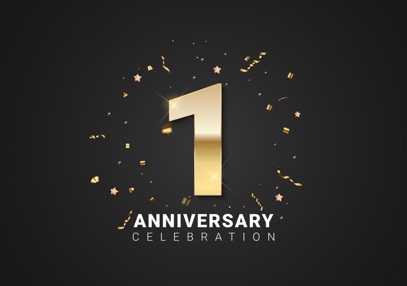 1 anniversary background with golden numbers, confetti, stars vector