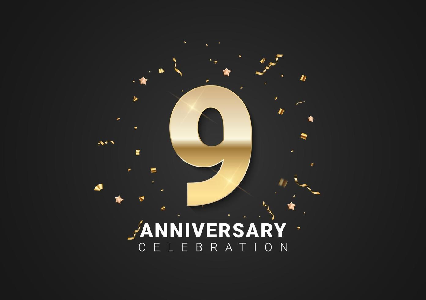 9 anniversary background with golden numbers, confetti, stars vector