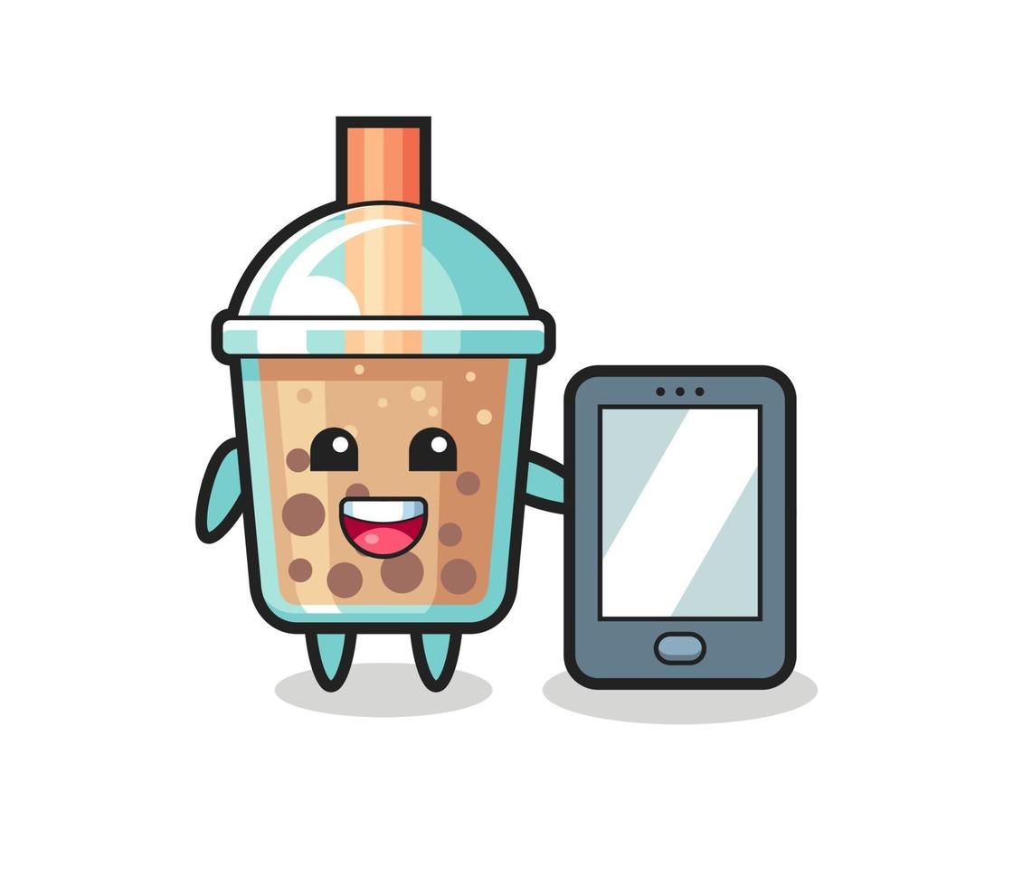 bubble tea illustration cartoon holding a smartphone vector