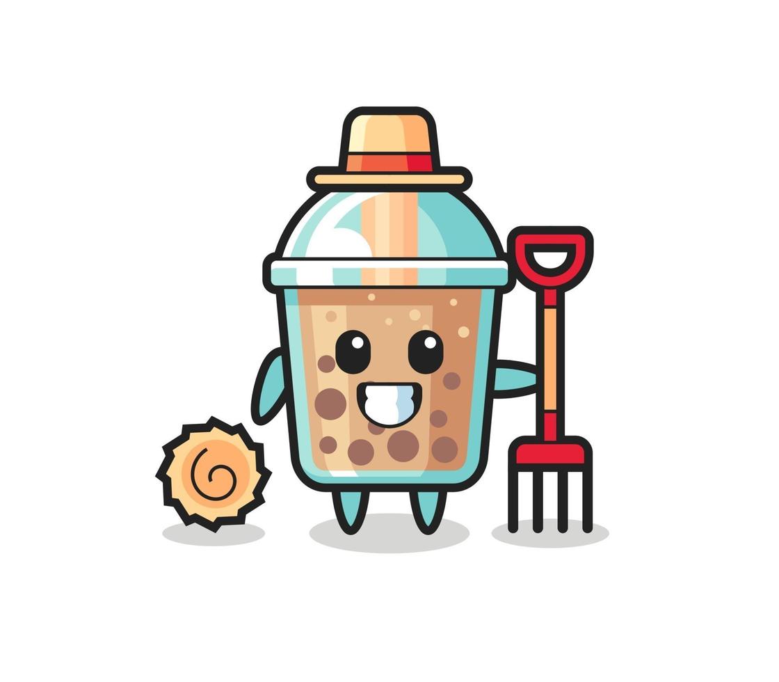 personaje mascota del té de burbujas como agricultor vector