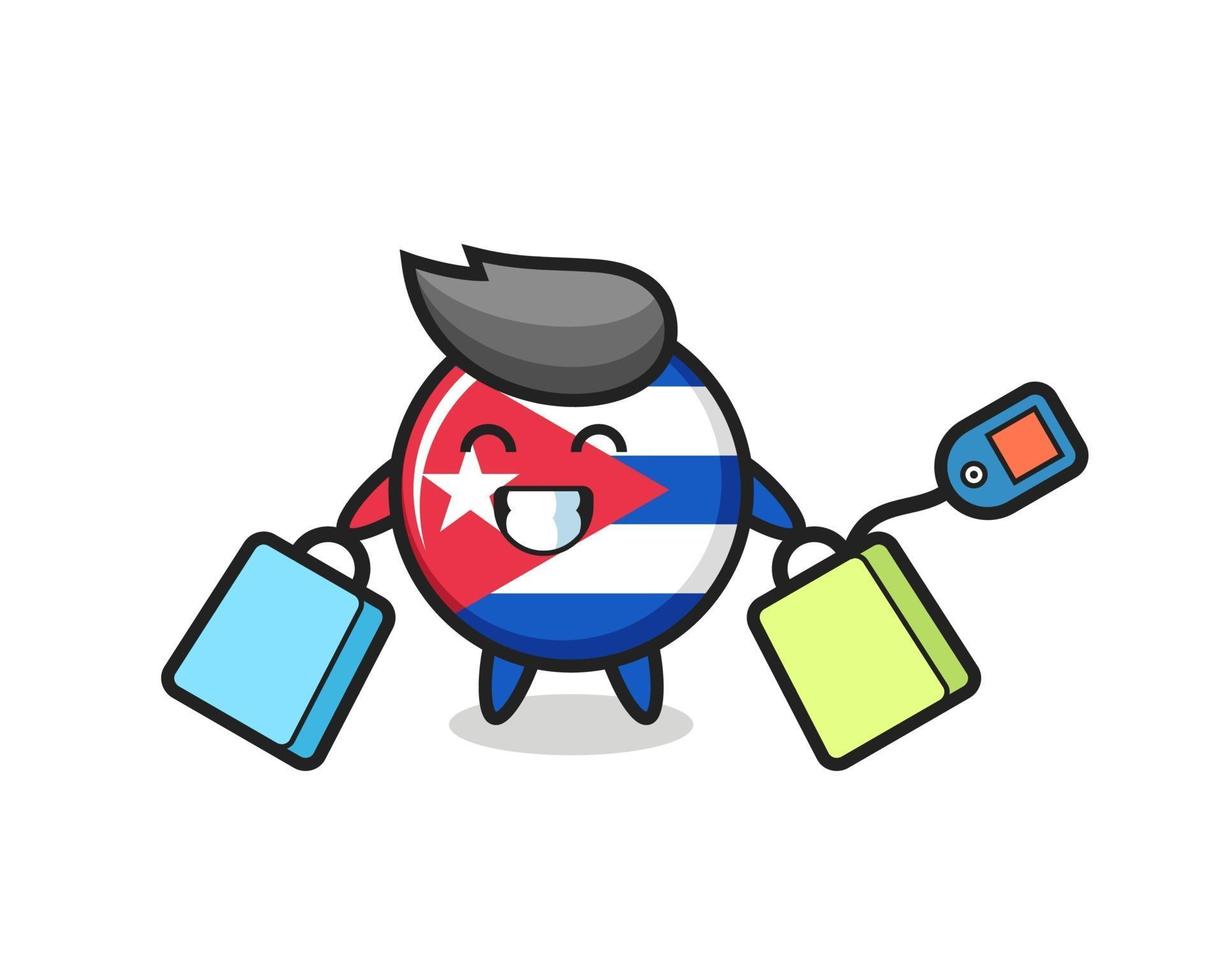 caricatura de la mascota de la insignia de la bandera de cuba sosteniendo una bolsa de compras vector