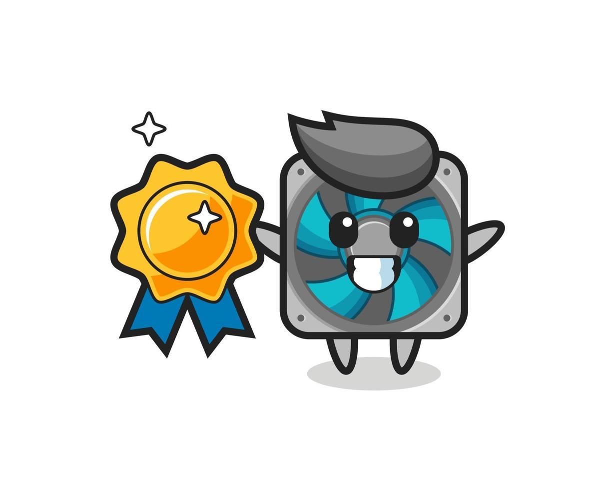 computer fan mascot illustration holding a golden badge vector