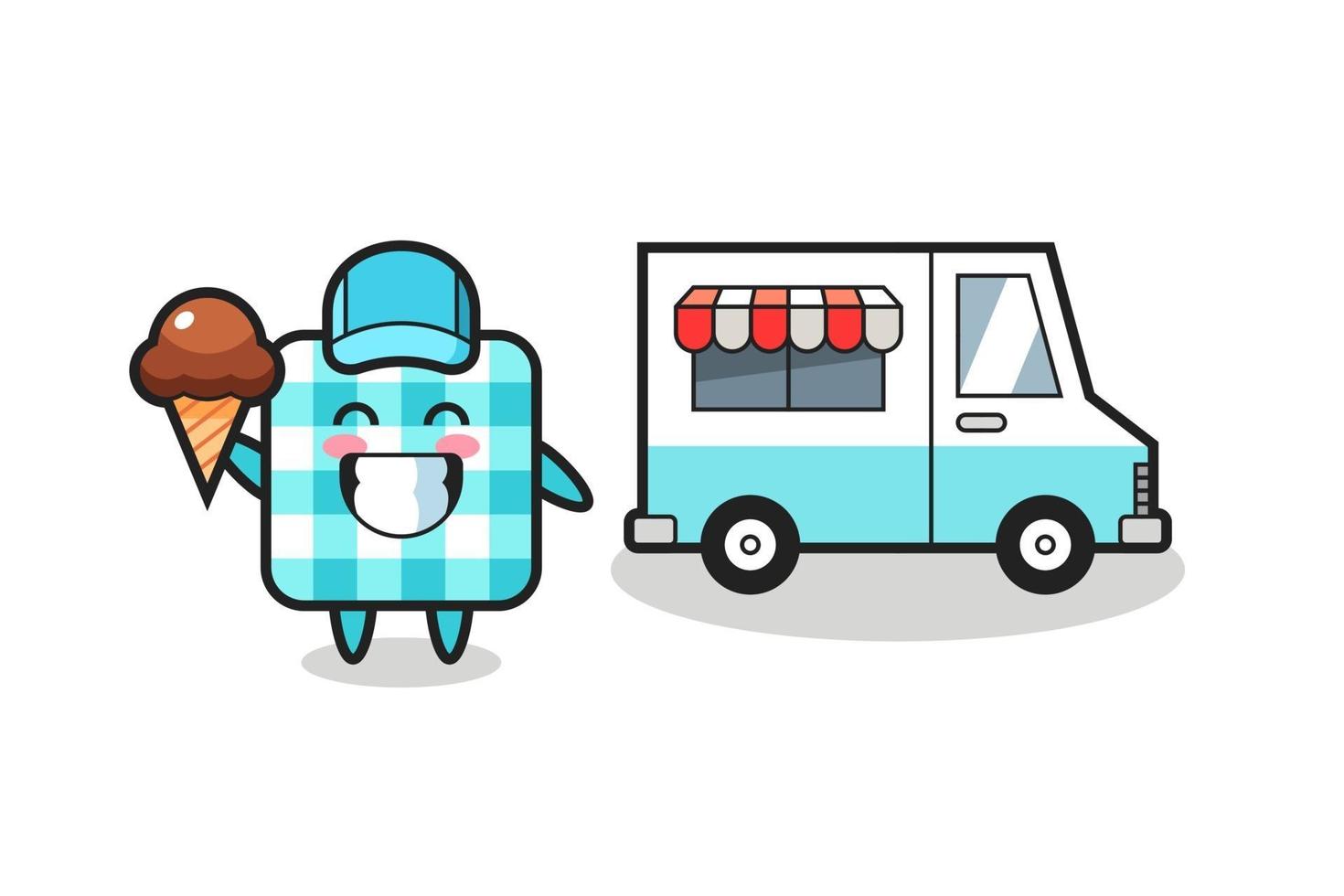 caricatura de mascota de mantel a cuadros con camión de helados vector